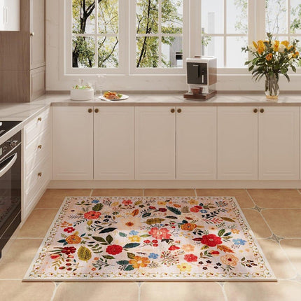 Bohemian Floral Doormat Non-slip Absorbent Dirt-Resistant Machine Washable for Bathroom Hallway and Kitchen, 60x90cm, Beige.