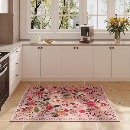 Bohemian Floral Doormat Non-slip Absorbent Dirt-Resistant Machine Washable for Bathroom Hallway and Kitchen, 60x90cm, Pink.
