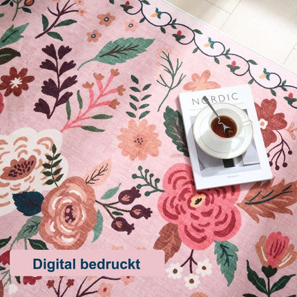 Non-Slip Bohemian Floral Doormat Absorbent Dirt-Resistant Machine Washable for Bathroom Hallway and Kitchen, 40x60cm, Pink.