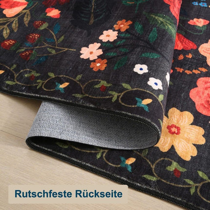 Bohemian Floral Doormat Non-slip Absorbent Dirt-Resistant Machine Washable for Bathroom Hallway and Kitchen, 50x80cm, Black.
