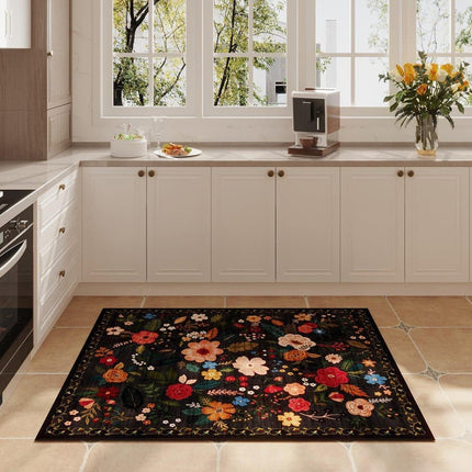 Bohemian Floral Doormat Non-slip Absorbent Dirt-Resistant Machine Washable for Bathroom Hallway and Kitchen, 50x80cm, Black.