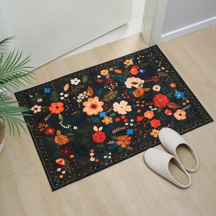 Bohemian Floral Doormat Non-slip Absorbent Dirt-Resistant Machine Washable for Bathroom Hallway and Kitchen, 50x80cm, Black.