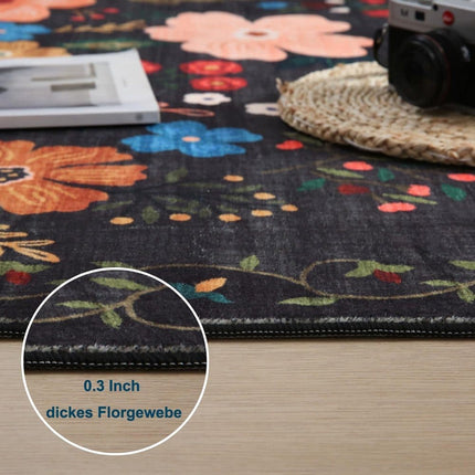 Bohemian Floral Doormat Non-slip Absorbent Dirt-Resistant Machine Washable for Bathroom Hallway and Kitchen, 50x80cm, Black.