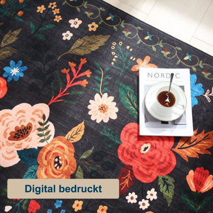 Bohemian Floral Doormat Non-slip Absorbent Dirt-Resistant Machine Washable for Bathroom Hallway and Kitchen, 50x80cm, Black.