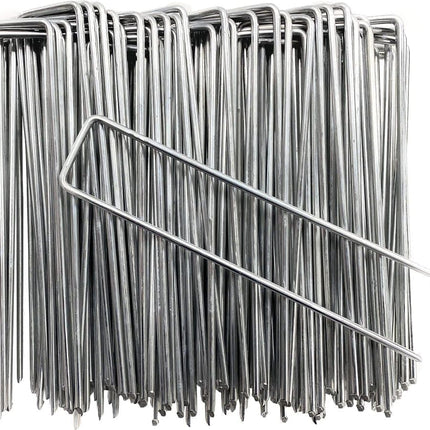 100 pcs U-shaped garden anchor pegs, 150mm, silver.