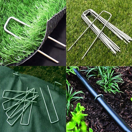 100 pcs U-shaped garden anchor pegs, 150mm, silver.