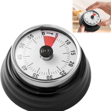 60 Minute Mechanical Kitchen Timer with Magnet, Stainless Steel Black, 3.6 x 7.3cm.