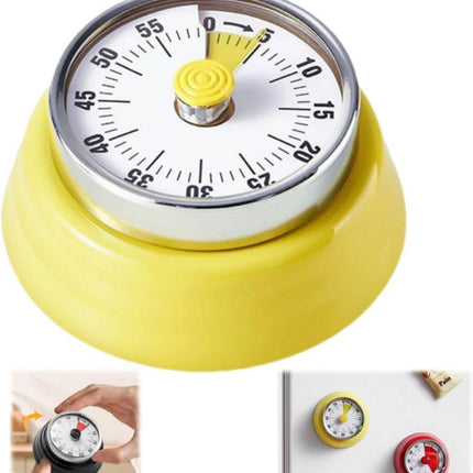 60 Minute Mechanical Kitchen Timer with Magnet, Stainless Steel Yellow, 3.6 x 7.3cm.