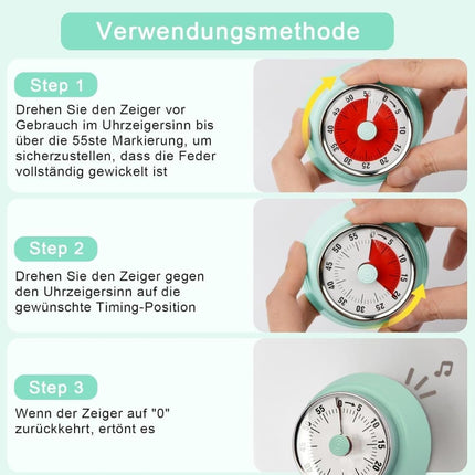 60 Minute Mechanical Kitchen Timer with Magnet, Stainless Steel, Green, 3.6 x 7.3cm.