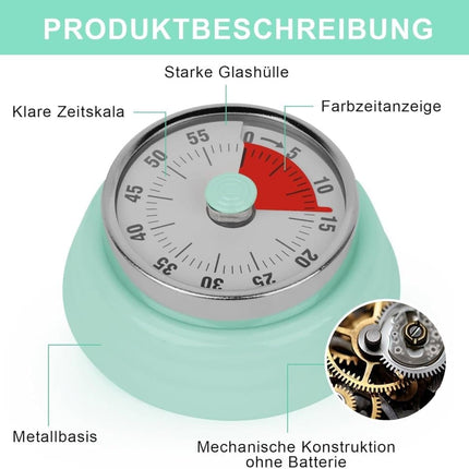 60 Minute Mechanical Kitchen Timer with Magnet, Stainless Steel, Green, 3.6 x 7.3cm.