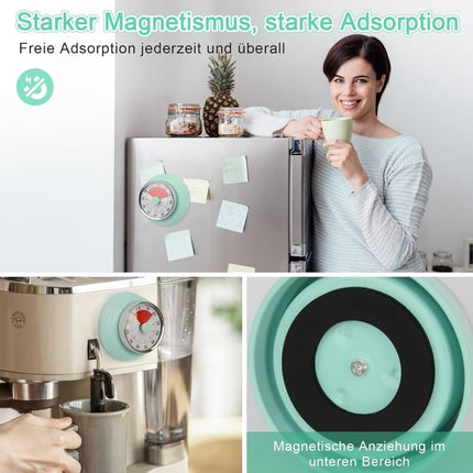 60 Minute Mechanical Kitchen Timer with Magnet, Stainless Steel, Green, 3.6 x 7.3cm.
