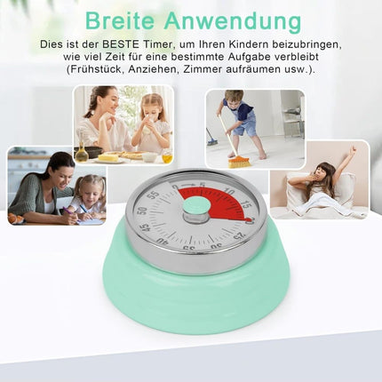 60 Minute Mechanical Kitchen Timer with Magnet, Stainless Steel, Green, 3.6 x 7.3cm.