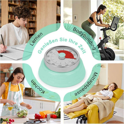 60 Minute Mechanical Kitchen Timer with Magnet, Stainless Steel, Green, 3.6 x 7.3cm.