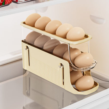 30 Eggs Egg Container 2-Pack, Foldable Automatic Rolling Egg Holder with Dispenser for Refrigerator, 2-3 Levels, Yellow.