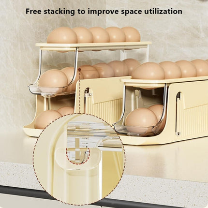 30 Eggs Egg Container 2-Pack, Foldable Automatic Rolling Egg Holder with Dispenser for Refrigerator, 2-3 Levels, Yellow.