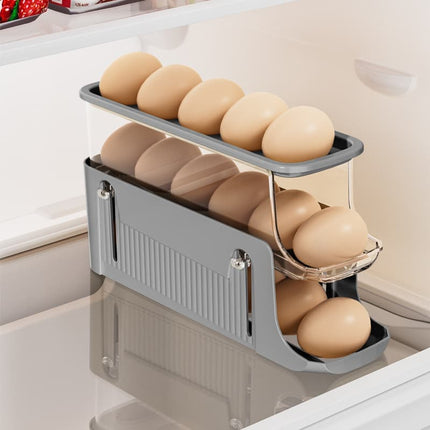 30 Eggs Egg Container 2-Pack, Automatic Rolling Foldable Egg Holder with Dispenser for Refrigerator, 2-3 Levels, Gray.