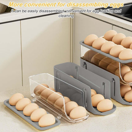 30 Eggs Egg Container 2-Pack, Automatic Rolling Foldable Egg Holder with Dispenser for Refrigerator, 2-3 Levels, Gray.