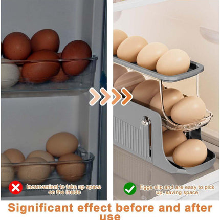 30 Eggs Egg Container 2-Pack, Automatic Rolling Foldable Egg Holder with Dispenser for Refrigerator, 2-3 Levels, Gray.
