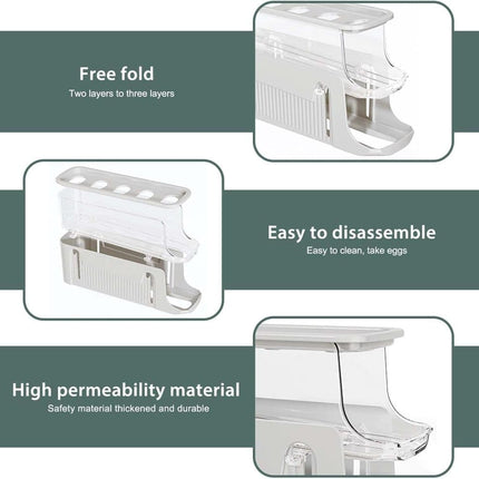30 Eggs Egg Container 2-Pack, Automatic Rolling Foldable Egg Holder with Dispenser for Refrigerator, 2-3 Levels, Gray.