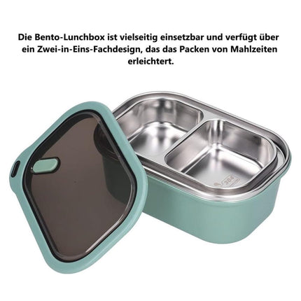 Stainless steel lunch box 1200ml with spoon, double layer 2 compartments leak-proof, 304 stainless steel, Green.