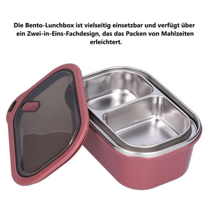 1200ml 2 Compartments Leak-Proof Stainless Steel Lunch Box with Spoon, 304 Stainless Steel, RED.