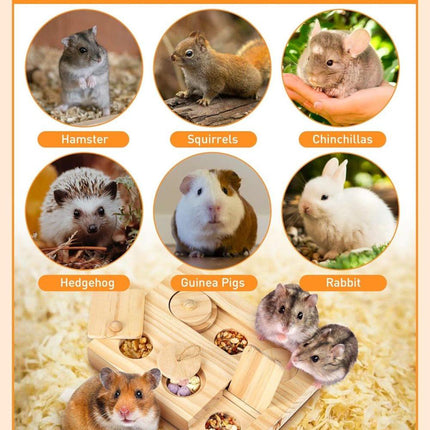 6-in-1 Hamster Feeder Interactive Wooden Game with Treat Dispenser and Rodent Search Toy for Hamsters Rabbits Chinchillas Gerbils.