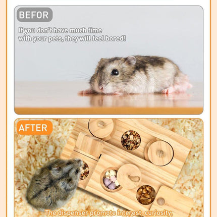 6-in-1 Hamster Feeder Interactive Wooden Game with Treat Dispenser and Rodent Search Toy for Hamsters Rabbits Chinchillas Gerbils.