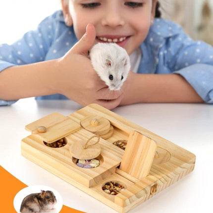 6-in-1 Hamster Feeder Interactive Wooden Game with Treat Dispenser and Rodent Search Toy for Hamsters Rabbits Chinchillas Gerbils.