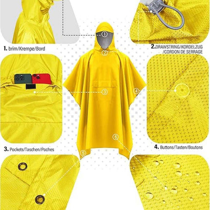 3-in-1 Waterproof Rain Jacket Poncho with Hood, Breathable Outdoor Raincoat, Yellow.
