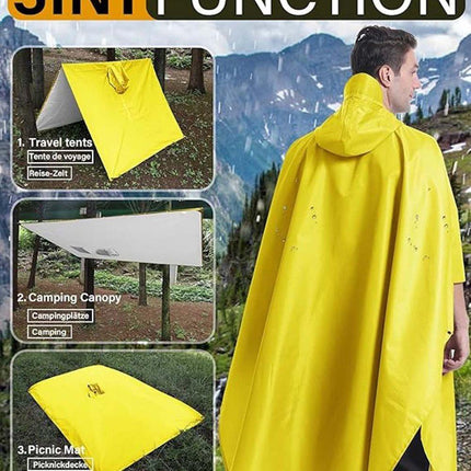 3-in-1 Waterproof Rain Jacket Poncho with Hood, Breathable Outdoor Raincoat, Yellow.