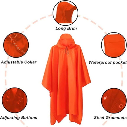 Breathable Waterproof 3-in-1 Rain Jacket Poncho with Hood for Outdoor Activities, Orange.