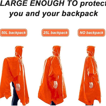 Breathable Waterproof 3-in-1 Rain Jacket Poncho with Hood for Outdoor Activities, Orange.