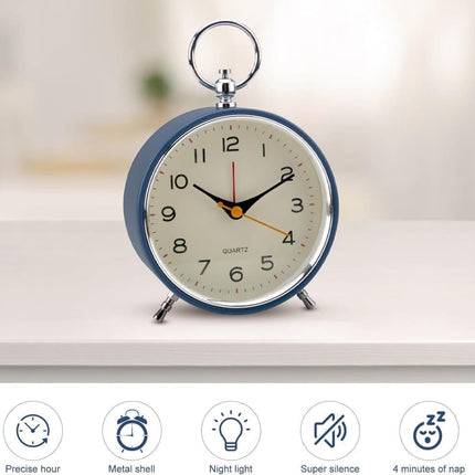 Silent Analog Alarm Clock with Snooze Button, Retro Design and Lighting, 16x11 cm, Blue.