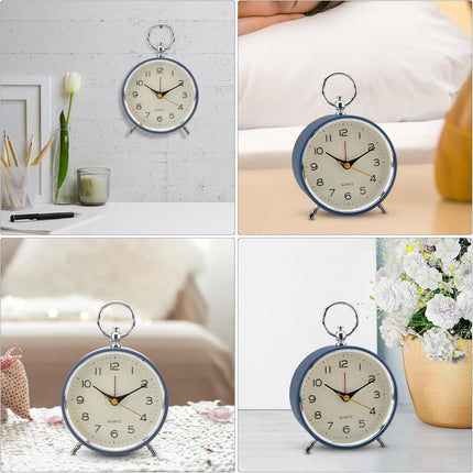 Silent Analog Alarm Clock with Snooze Button, Retro Design and Lighting, 16x11 cm, Blue.