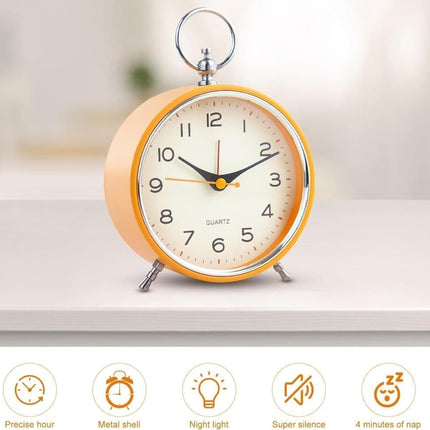 Silent Analog Alarm Clock with Snooze Button, Retro Design and Lighting, 16x11 cm, Orange.