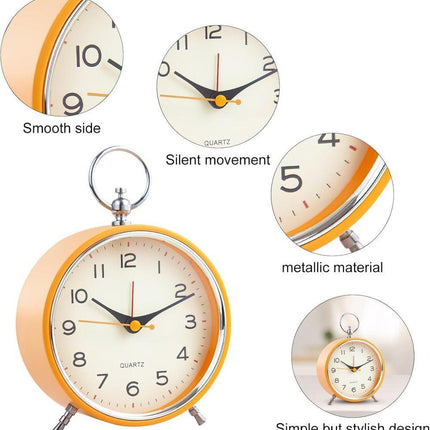 Silent Analog Alarm Clock with Snooze Button, Retro Design and Lighting, 16x11 cm, Orange.