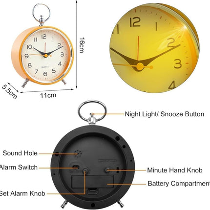 Silent Analog Alarm Clock with Snooze Button, Retro Design and Lighting, 16x11 cm, Orange.