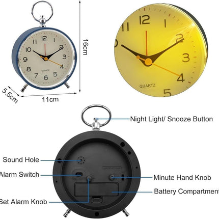 Silent Analog Alarm Clock with Snooze Button, Black, 16x11 cm.