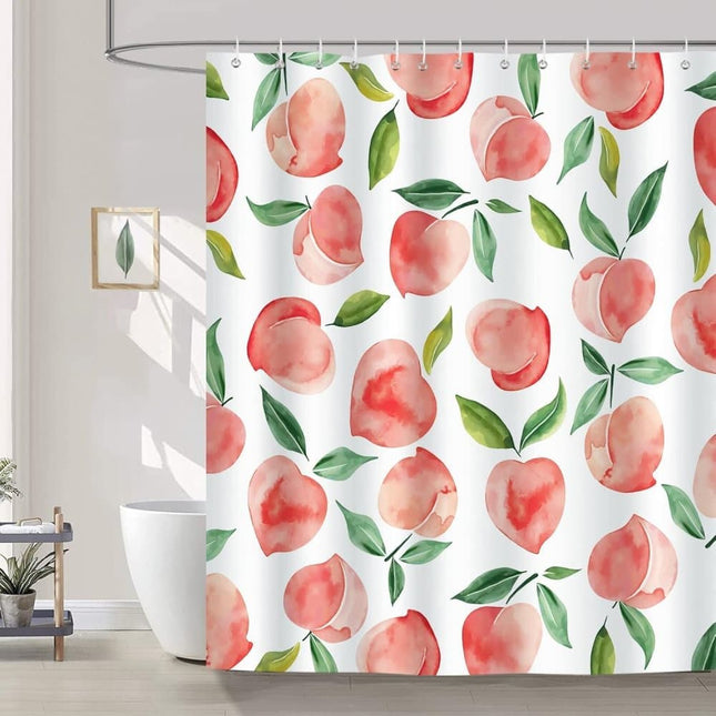 70x72 inches Shower Curtain 3D Fruit Motif Waterproof Mold Resistant with 12 Hooks, Pink.