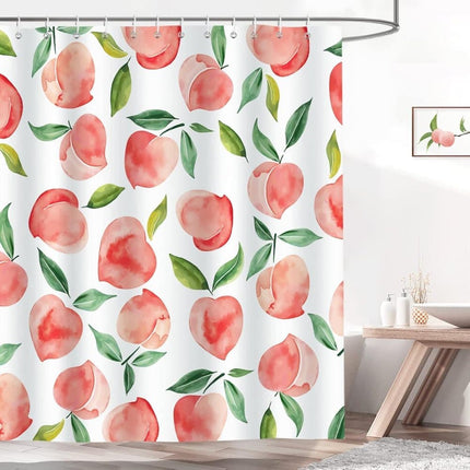70x72 inches Shower Curtain 3D Fruit Motif Waterproof Mold Resistant with 12 Hooks, Pink.