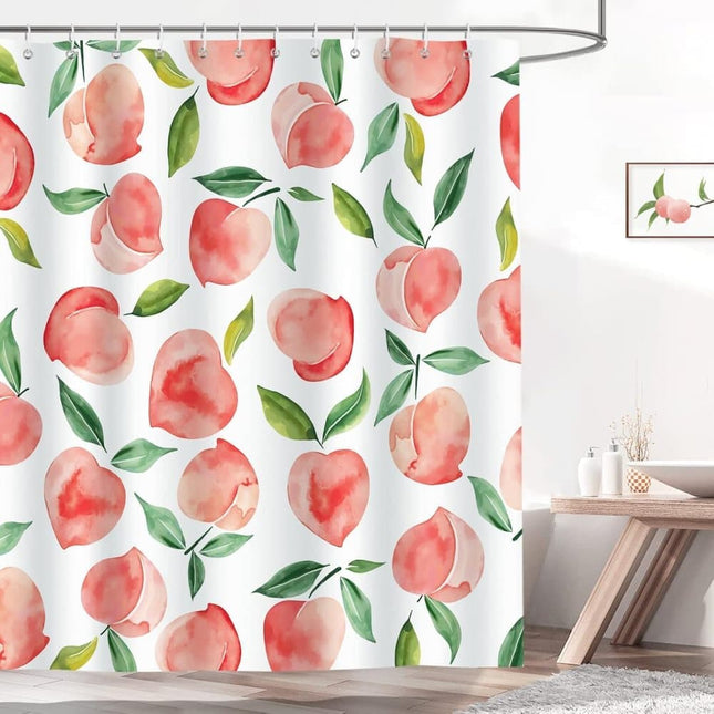 70x72 inches Shower Curtain 3D Fruit Motif Waterproof Mold Resistant with 12 Hooks, Pink.