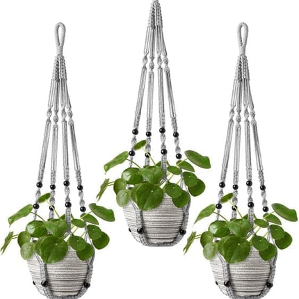 3 pcs Bohemian Plant Hanger for Indoor Plants with Braided Rope Beads and Lace Decoration, 35 Inch, Gray.