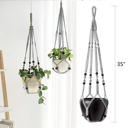 3 pcs Bohemian Plant Hanger for Indoor Plants with Braided Rope Beads and Lace Decoration, 35 Inch, Gray.
