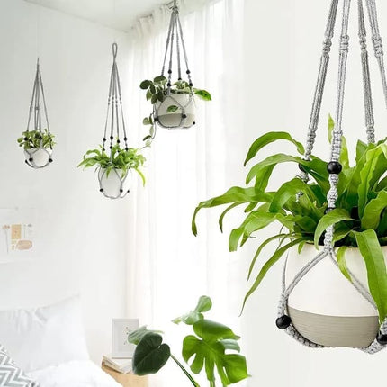 3 pcs Bohemian Plant Hanger for Indoor Plants with Braided Rope Beads and Lace Decoration, 35 Inch, Gray.