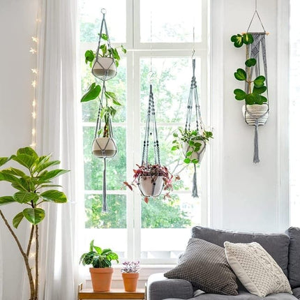 3 pcs Bohemian Plant Hanger for Indoor Plants with Braided Rope Beads and Lace Decoration, 35 Inch, Gray.