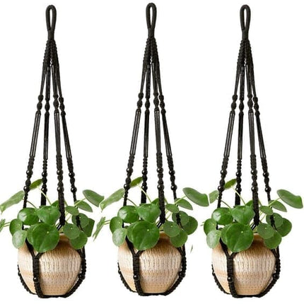 3 pcs Bohemian Plant Hanger for Indoor Plants with Braided Rope Beads and Lace Decoration, 35 Inch, Black.