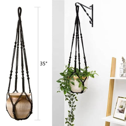 3 pcs Bohemian Plant Hanger for Indoor Plants with Braided Rope Beads and Lace Decoration, 35 Inch, Black.