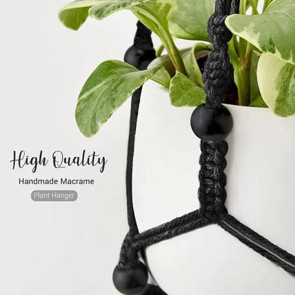 3 pcs Bohemian Plant Hanger for Indoor Plants with Braided Rope Beads and Lace Decoration, 35 Inch, Black.