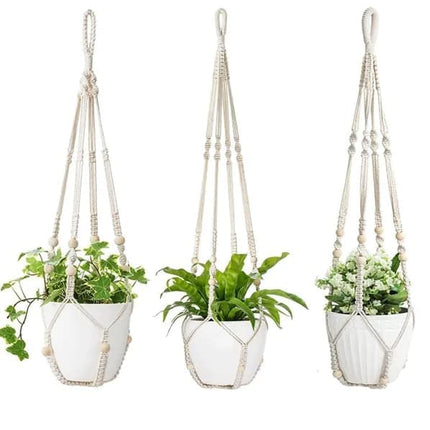 3 pcs Bohemian Plant Hanger for Indoor Plants with Braided Rope Beads and Lace Decoration, 35 Inch, White.