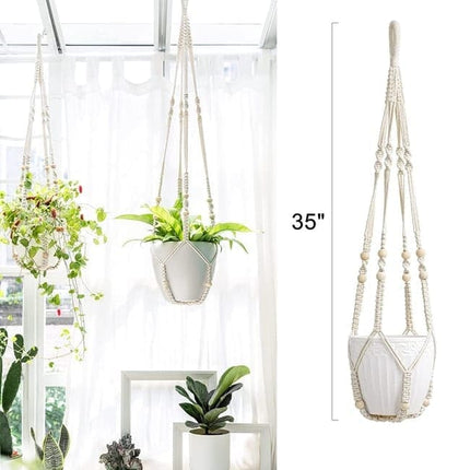 3 pcs Bohemian Plant Hanger for Indoor Plants with Braided Rope Beads and Lace Decoration, 35 Inch, White.